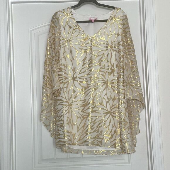 Lilly Pulitzer 4 Gold Ivory Silk Caftan Dress Palm Burst Bridal Resort Cocktail - Picture 11 of 14